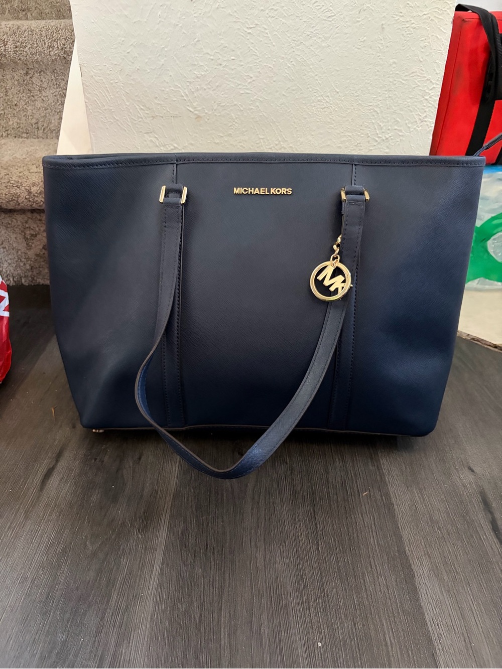 MICHAEL KORS Navy Saffiano Leather Shoulder Tote with Gold MK Charm